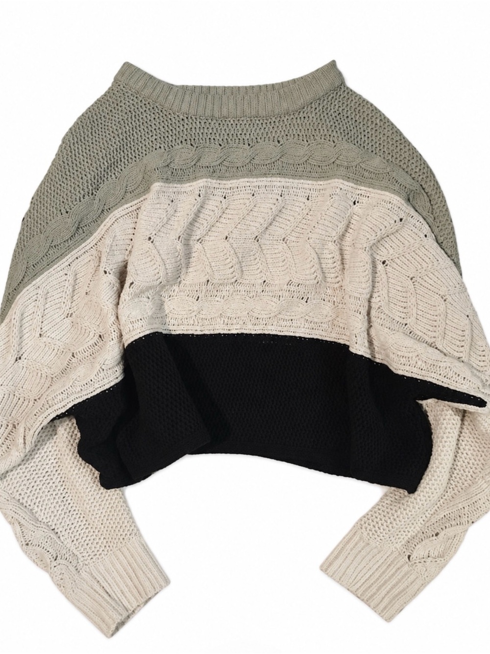 Crop Colorblock Cable Knit Women's Sweater - Sage, Cream & Black